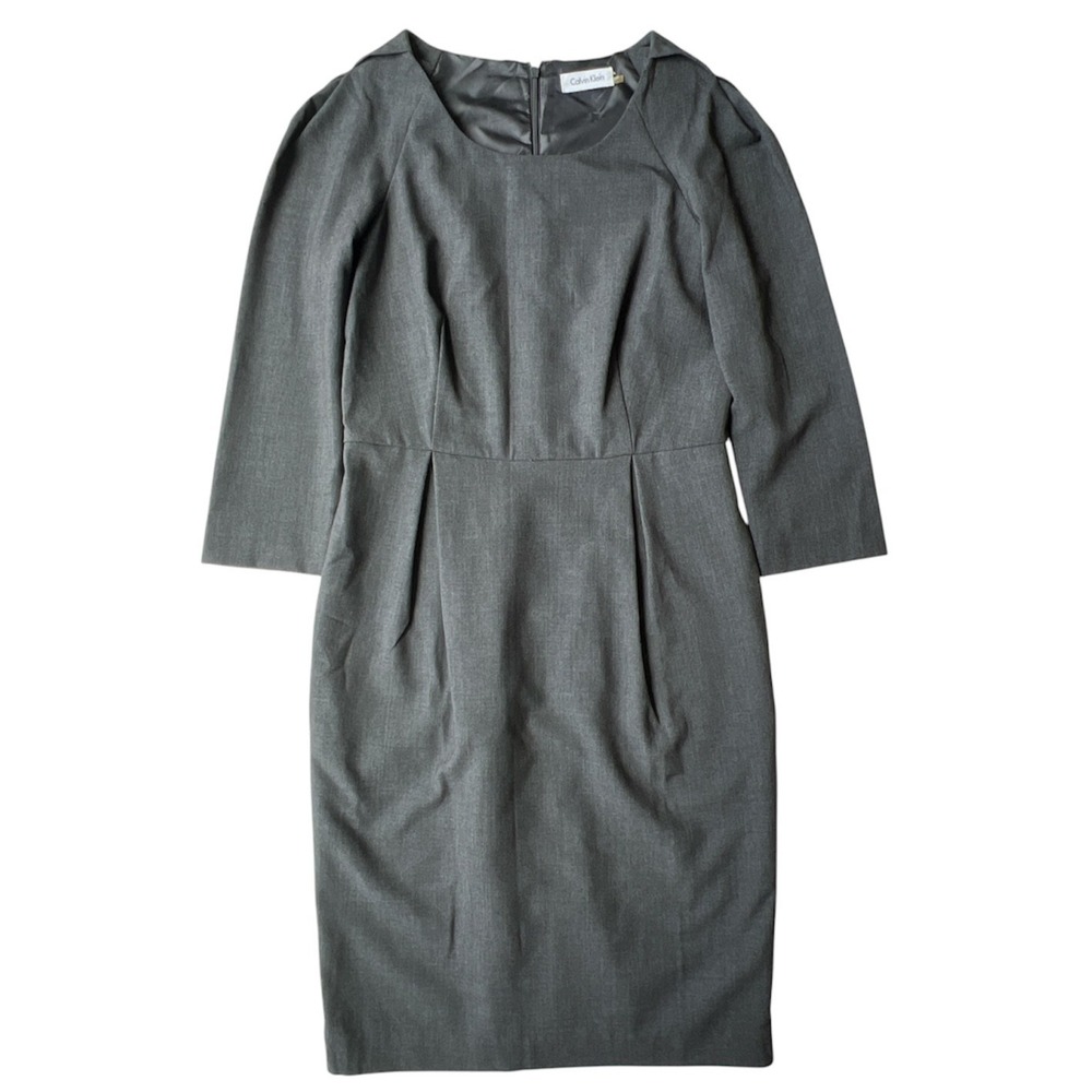Calvin Klein Dress Women Sheath Charcoal Gray Pleated 3/4 Sleeve Classic NWT NEW